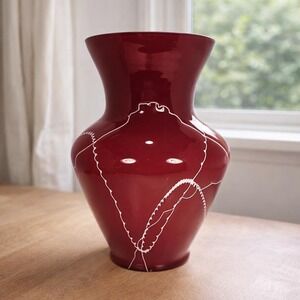 Red Glass Vase White Squiggle Lines Decorative Vase
